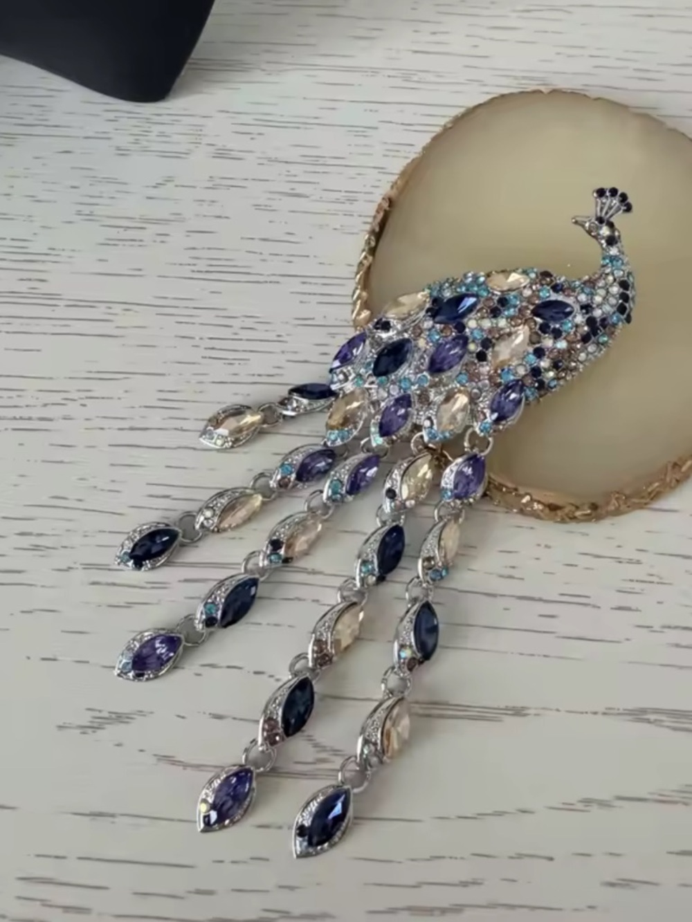 Luxe Peacock Feather Blue Purple Gem Diamond Brooch - Picture 9 of 10